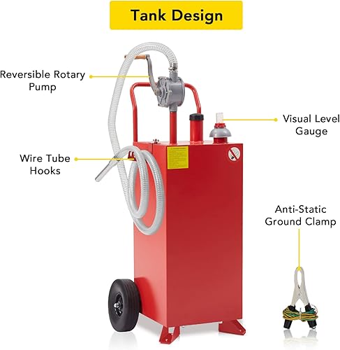 Miniatura 5 de Carrito de gasolina de 30 galones con bomba, tanque de combustible portátil sin ruedas delanteras, tanque de gasolina, tanque de almacenamiento de