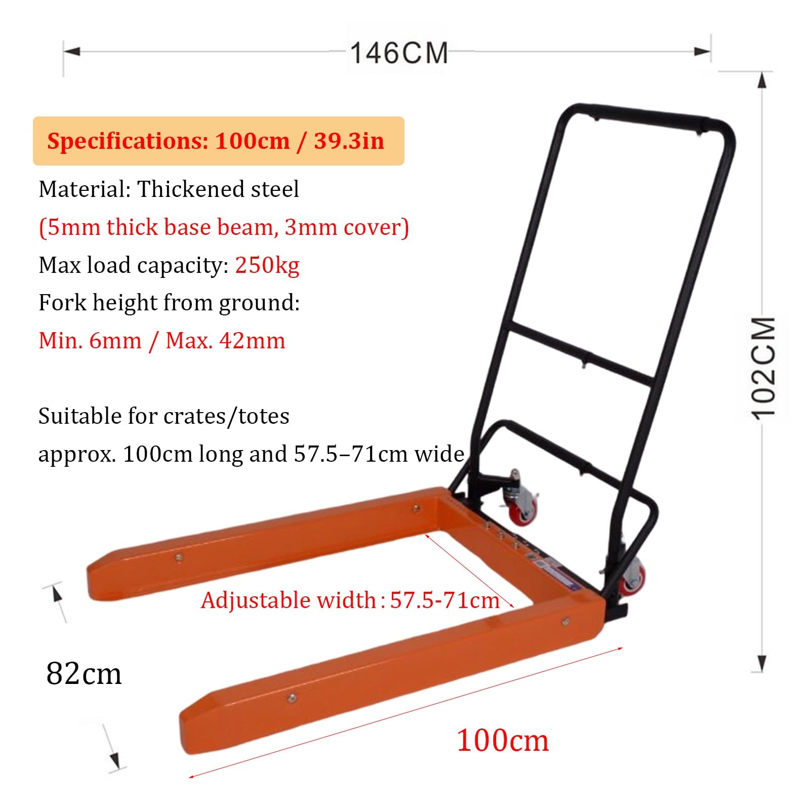 Chariot Porte-bacs à Commande au Pied, Robuste (capacité 250 kg / 550 LB) avec Roues en Caoutchouc et Largeur réglable ; idéal pour Les entrepôts, usines(100cm/39.3in)