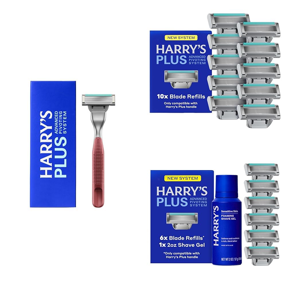 Harry's PLUS Razors for Men Pack- 1 Premium Handle (Clay), 17 Razor Blade Cartridges, and 2 oz Foaming Shave Gel - Advanced Pivoting System