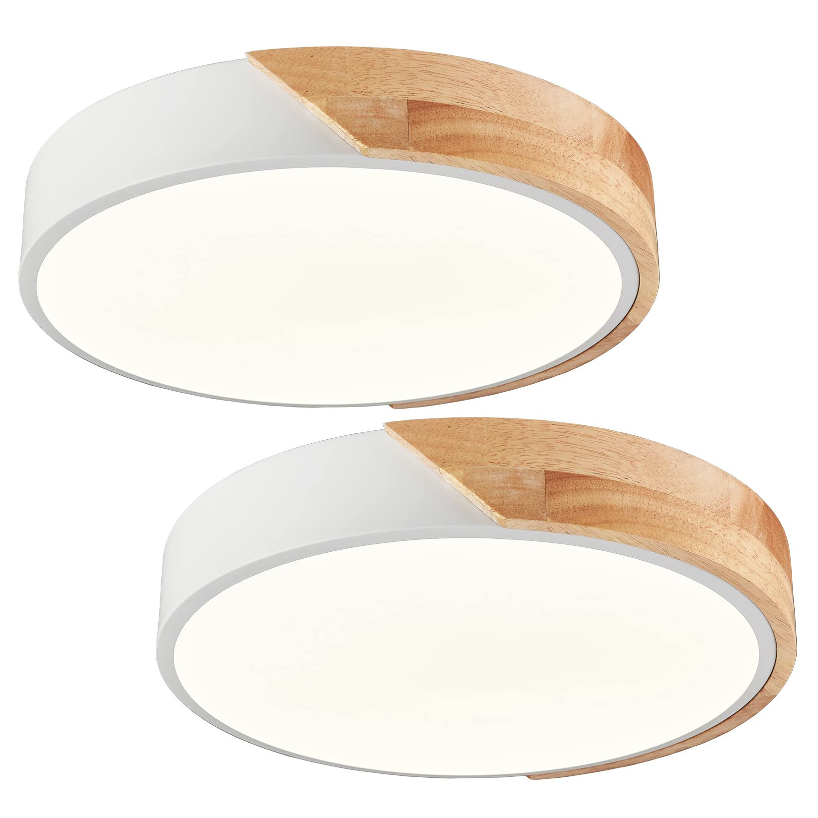 TEENYO 2-Pack LED Ceiling Light 11.8-Inch Minimalist Round Flush Mount Ceiling Light White and Wood Flush Mount Light Fixture for Bedroom Hallway Foyer Living Room, 4000K Warm White Light