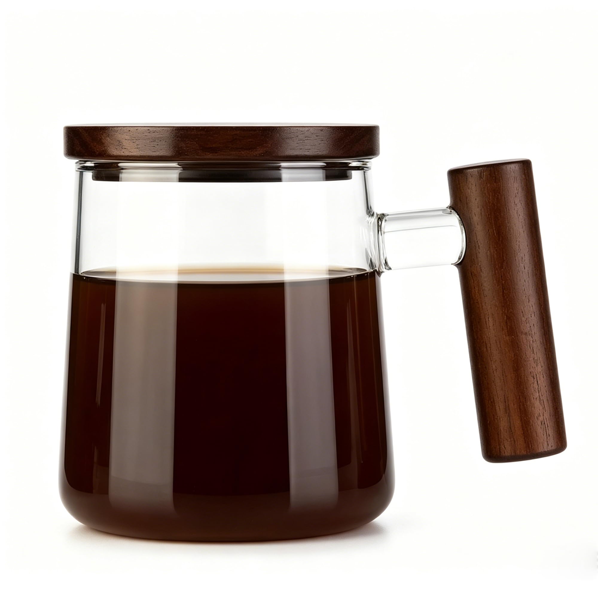 Glass Coffee Mugs, Clear Coffee Mugs with Walnut Lid&Handle，Wide Mouth Extra Large Capacity Cup, Perfect for Latte, Mocha, Cappuccino, Tea and Juice, Microwave Safe(15oz/450ml)