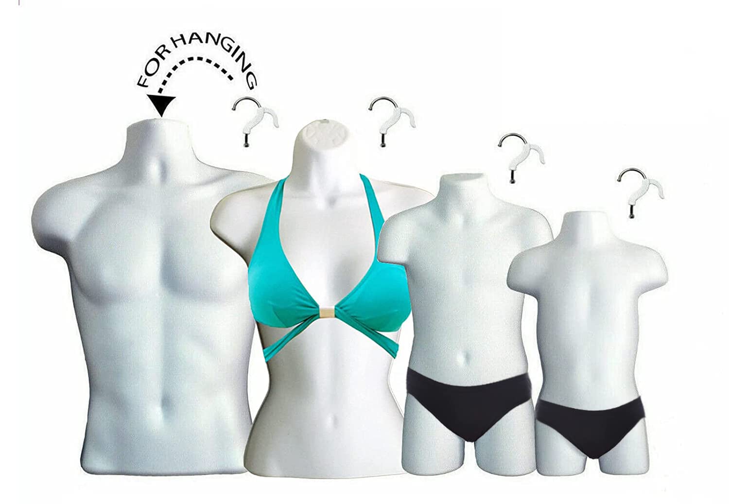 DisplayTown White 4 Mannequin Forms - Male Female Child & Toddler Torso Hanging Mannequin Set Hollow Back Plastic Body Forms, S-M Size (White, Short Set)