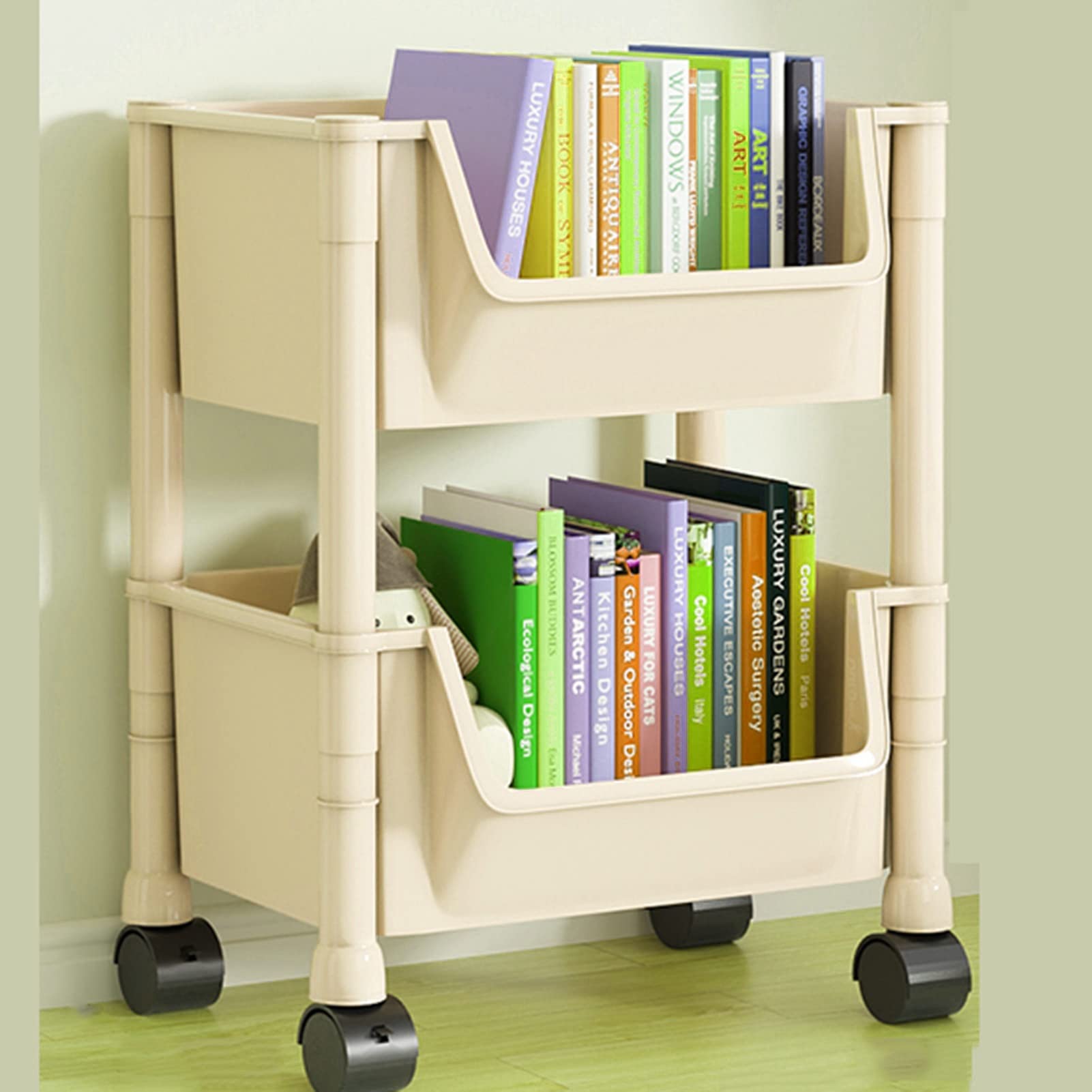 2-Tier Bookshelf Under Desk, Movable Classroom Bookcase Deskside, Multi-Purpose Rolling Cart, Compact Desk Storage Organizer with Caster Wheels, Storage Trolley for Library, Corner Display Rack