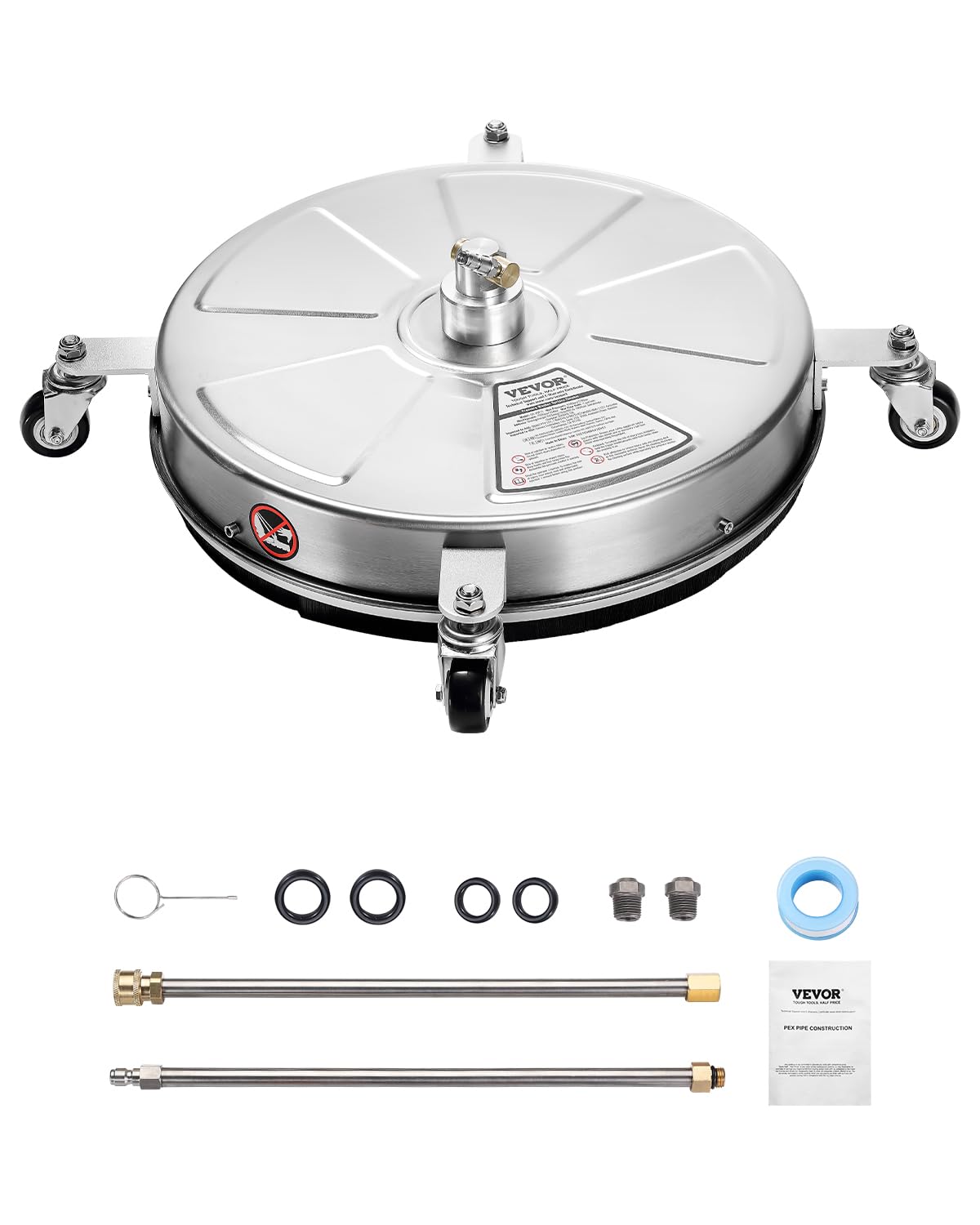 VEVOR 465 mm Hochdruckreiniger-Oberflächenreiniger, Flächenreiniger aus Edelstahl mit 4 Rädern, max. 4000 PSI, 1/4-Zoll-Schnellanschluss, 2 Sprühdüsen, 2 verlängerte Stäbe für Beton, Terrasse, Deck
