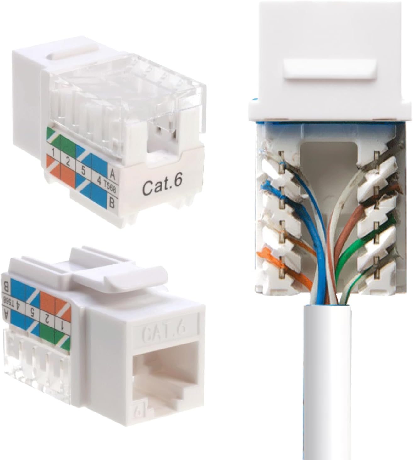 50 Pack Cat6 Keystone Ethernet Wall Jacks RJ45 Punch Down Slim Profile UTP White, 45 Degree for Patch Panel & Wall Plate, Supports Up to 10Gbps