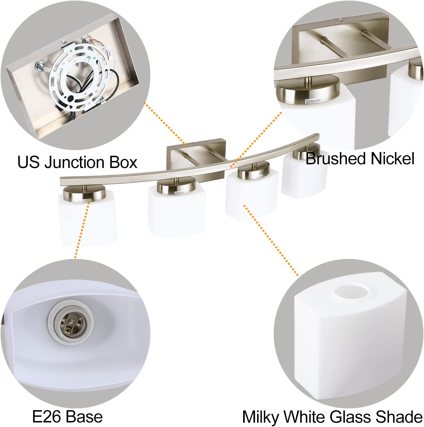 4-Light Brushed Nickel Vanity Light Fixture with White Glass Shade for Bathroom Over Mirror, 31.5 Inches