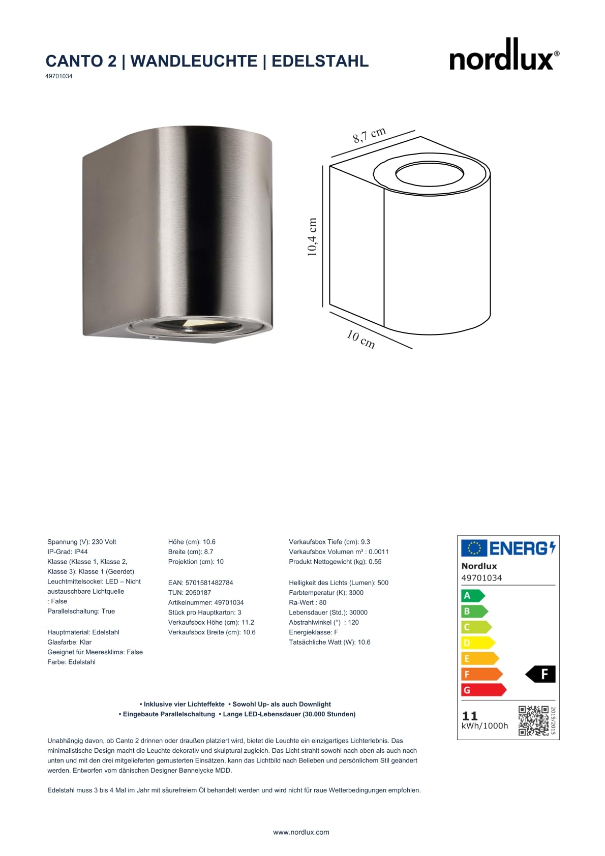 Nordlux CANTO 2 Wandleuchte Edelstahl, LED, 10.6W, 500 Lumen, IP44, Up- & Downlight, 3000K, 30.000 Stunden Lebensdauer, Inklusive 4 Lichteffekte, Modernes Design