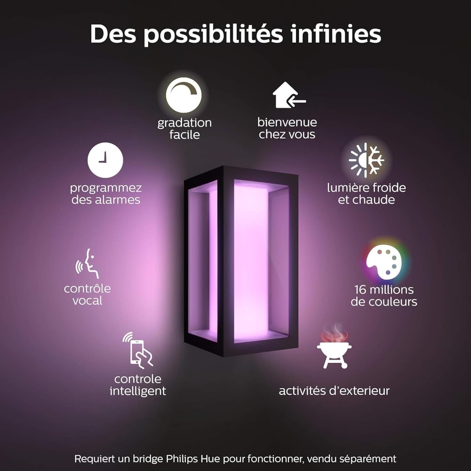 Philips Hue White & Color Ambiance Applique murale extérieur IMPRESS, Kit de base jusqu'à 16 m de couleurs, Noir, Luminaire Philips compatible Alexa, Google Assistant et Apple Homekit
