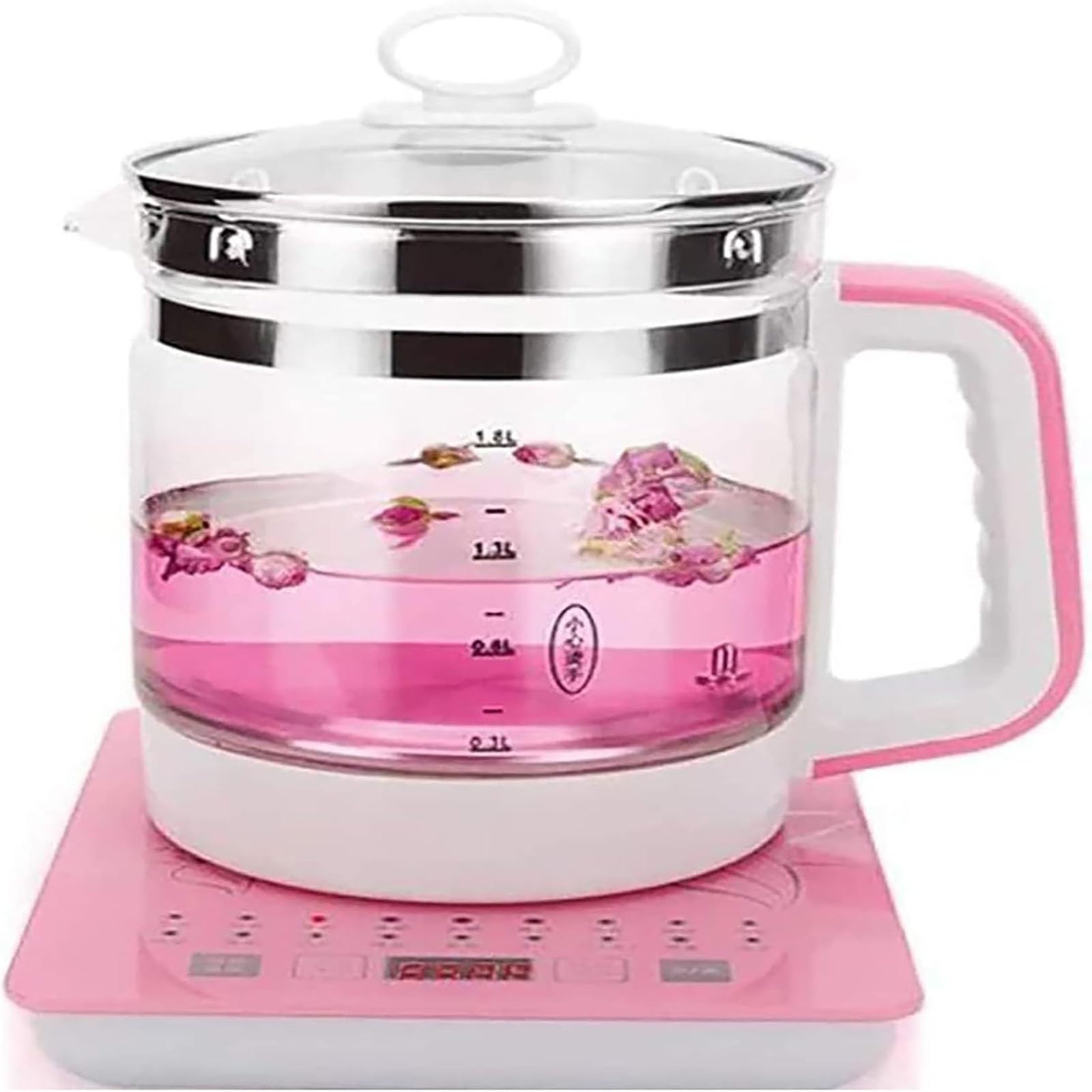 Hervidor de Agua eléctrico de 1,8 l, Tetera de Cristal, Tetera multifunción, Tetera eléctrica de Cristal con Espesamiento automático, Color Rosa