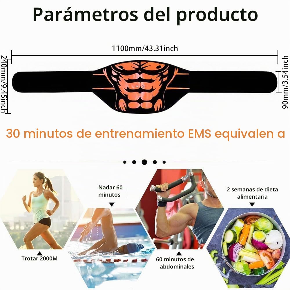EMS Electroestimulador Muscular, Abdominales Electroestimulacion, Estimulador Eléctrico Muscular de Junta de Aluminio, 10 Modos y 30 Niveles de Intensidad Hombres/Mujeres Pantalla de Consumo Calórico