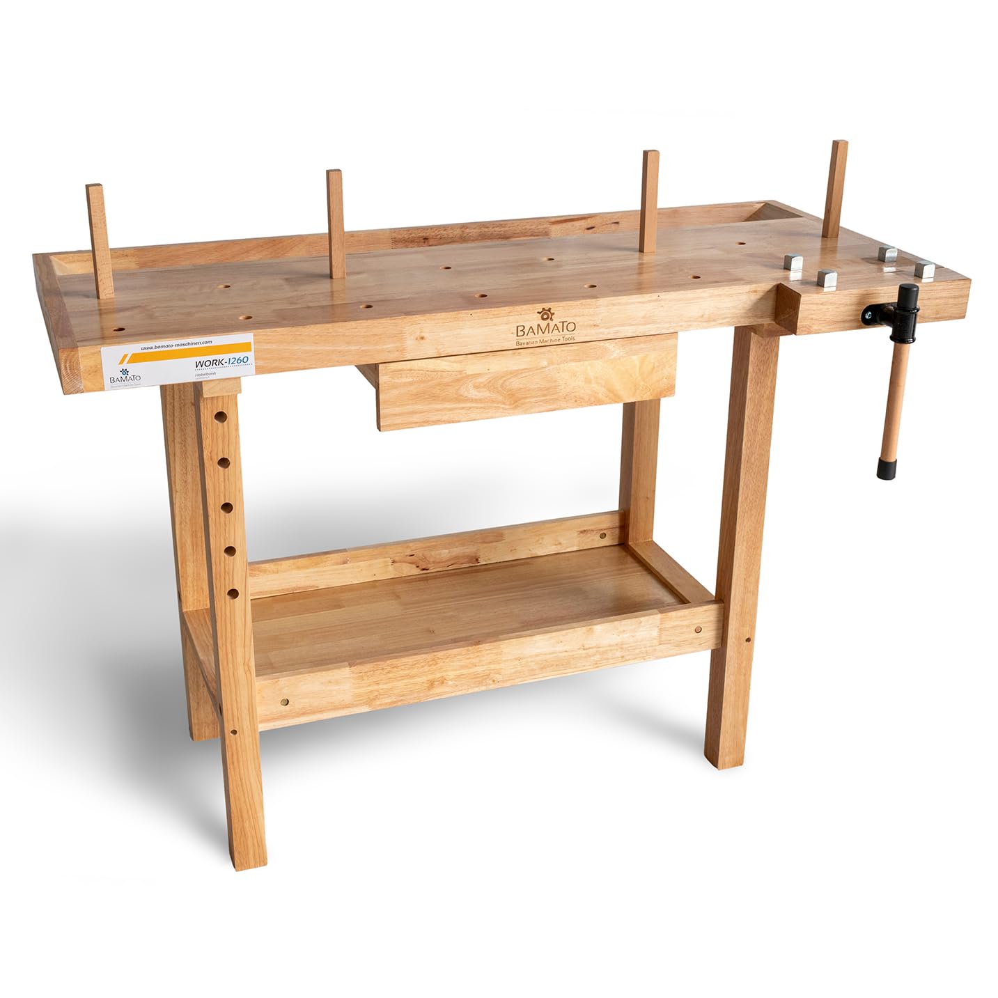 BAMATO Hobelbank WORK-1260 Werkbank Werkstatt Holz Spannzange Hobby | Robuste Hobelbank mit einfachem Aufbau | Inklusive je 4 Bankhaken aus Metall und Holz | Spannzange & große Werkzeugablage