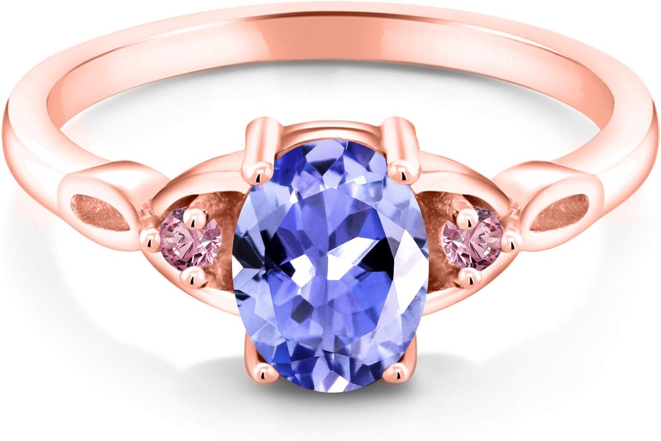 Gem Stone King 18K Rose Gold Plated Silver Blue Tanzanite and Pink Lab Grown Diamond 3-Stone Rings For Women | 1.24 Cttw | Gemstone December Birthstone | Oval 8X6MM | Size 5, 6, 7, 8, 9