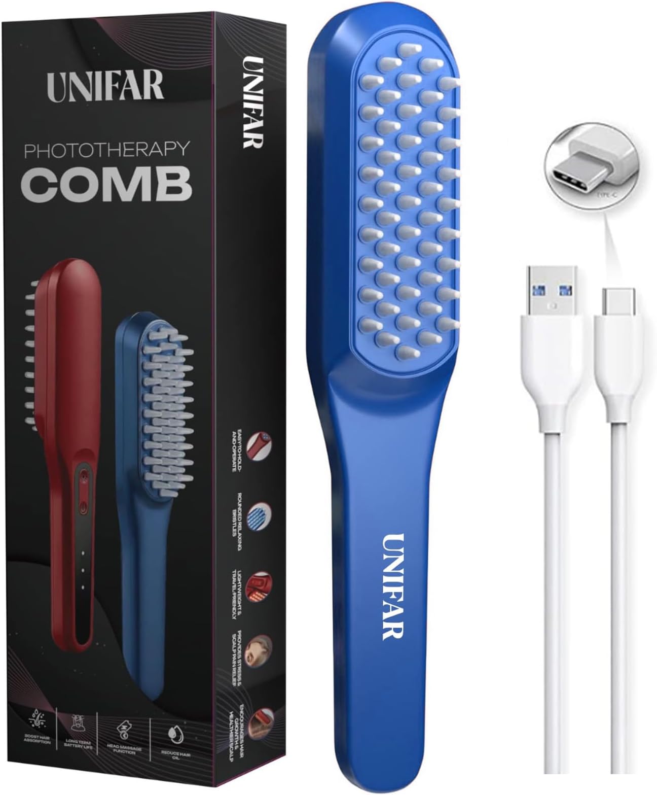LED Hair Growth Comb – Red & Blue Light Therapy for Hair Fall Control & Scalp Treatment | Medical-Grade Electric Scalp Massager for Men & Women | Rechargeable, 120-Minute Usage | BLUE