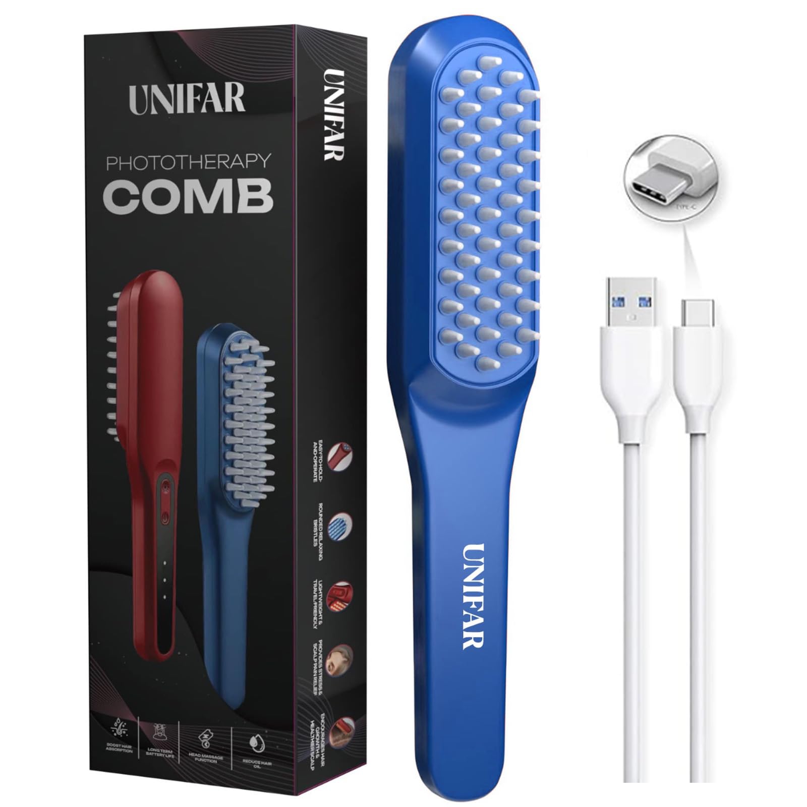 UNIFAR LED Hair Growth Comb – Red & Blue Light Therapy for Hair Fall Control & Scalp Treatment | Medical-Grade Electric Scalp Massager for Men & Women | Rechargeable, 120-Minute Usage | BLUE
