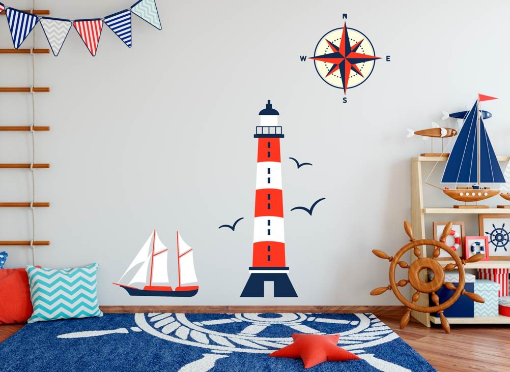 Nautical Lighthouse Boat Compass Set Wall Decal Vinyl Home Decoration - 40" high x 40" Wide
