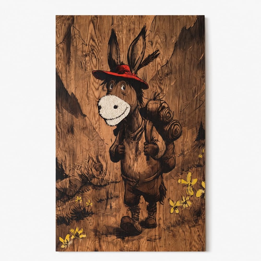 SUN WOOD Holzbild Esel – Wandbild aus Fichtenholz im Altholz-Landhausstil mit fühlbarem Materialmix – 62x100 cm