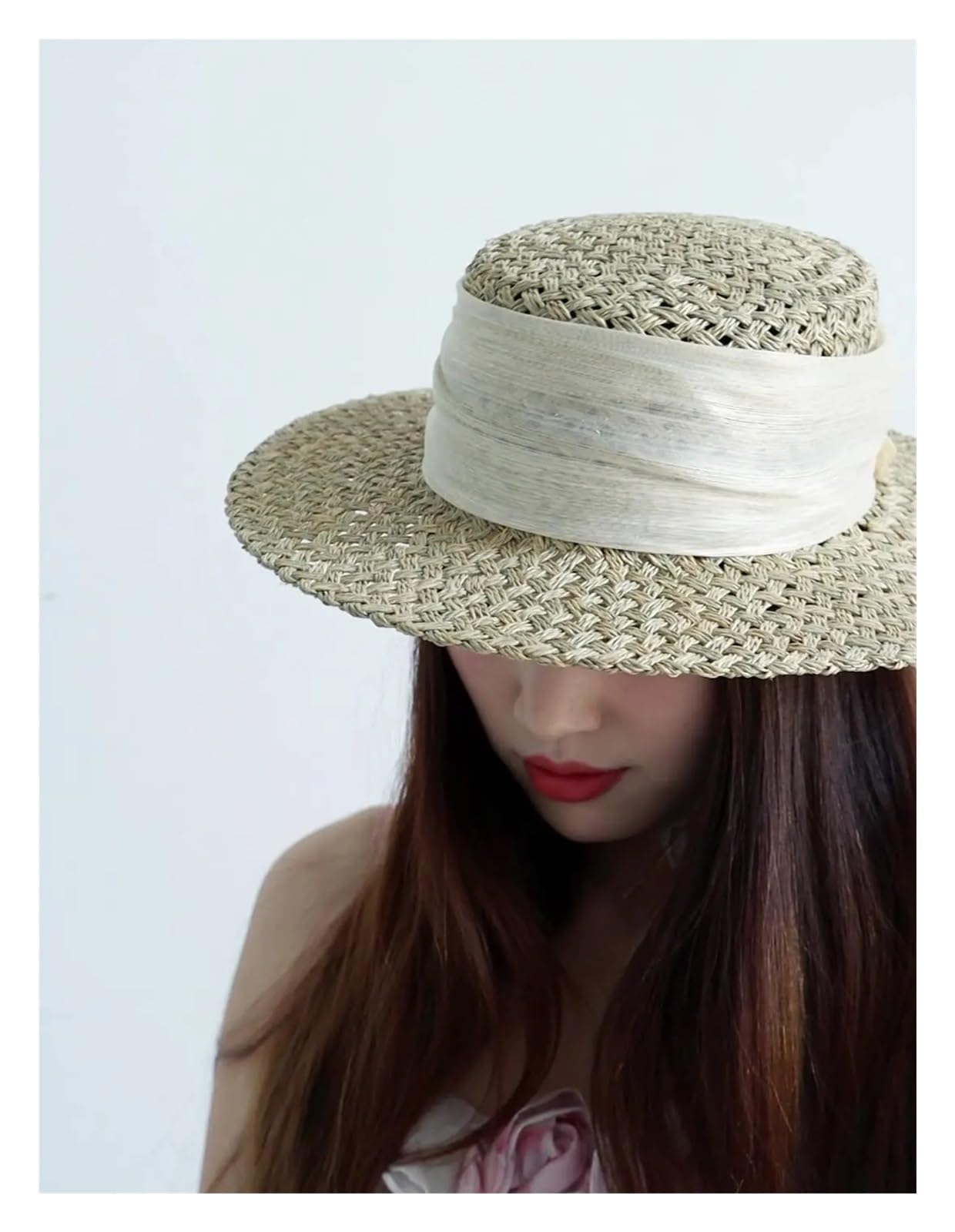 Sommer-Sonnenhut aus Stroh Damen Sommer Sonnenhut Naturstroh Flat Top Caps Elegante Bootshut Handgefertigt Sonnenschutz Strand Outdoor Für die Reise