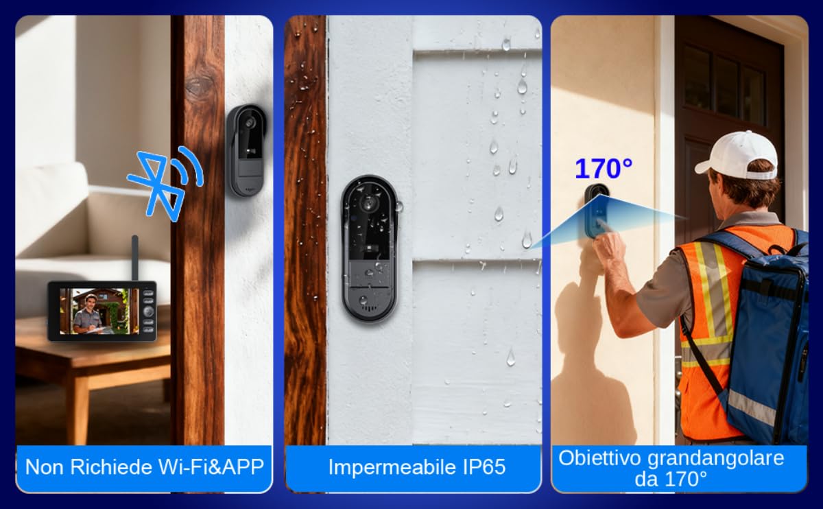 Winnes Video Campanello Impermeabile IP65,Video Citofono con 1080P 4,3'' IPS Schermo,Videocitofono Senza Fili da Esterno,Spioncino Digitale 1800mAh con Telecamera Ultra Grandangolo,Nessun WiFi o APP