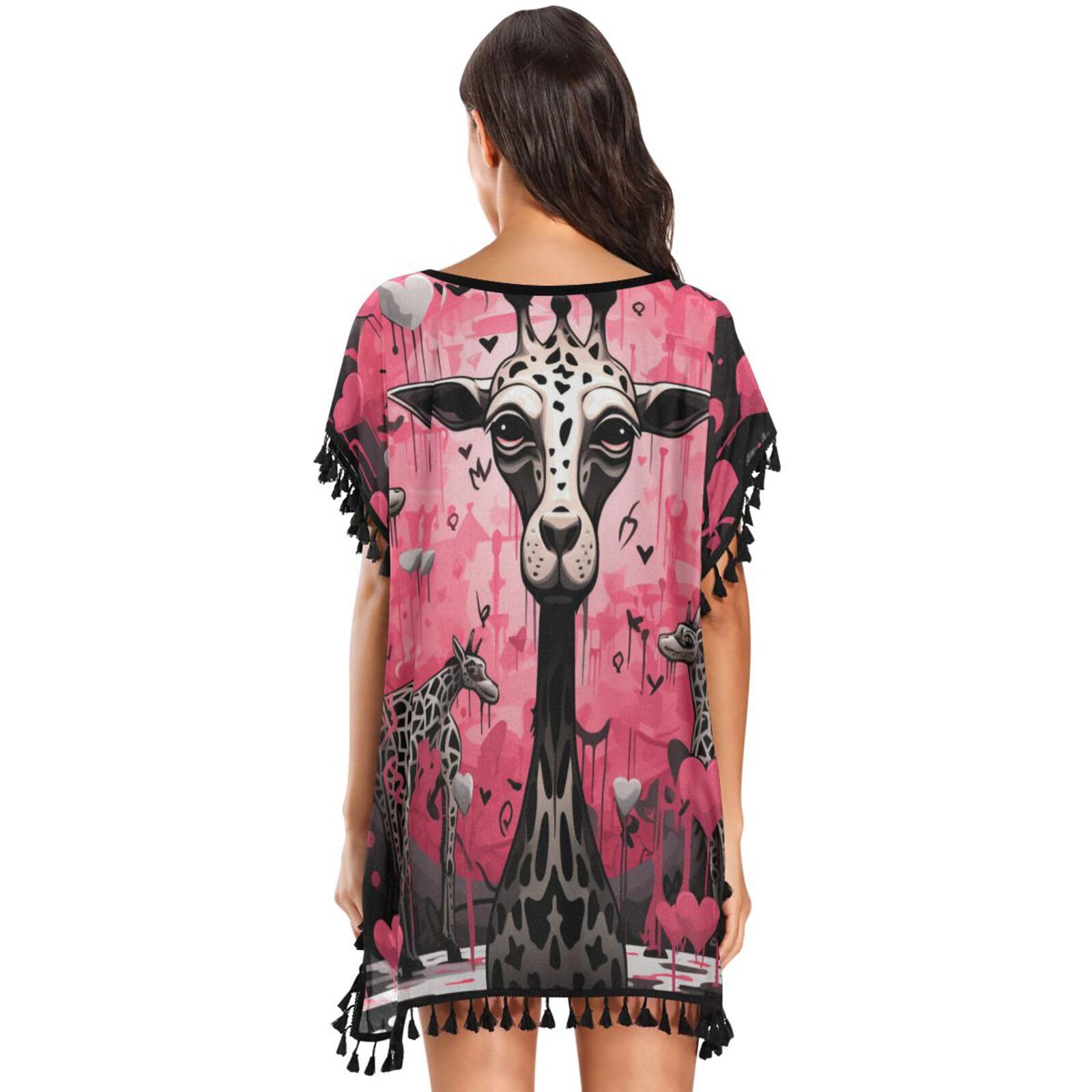 Pink Doodle Art Giraffe Women's Beach Cover Up Chiffon Tassel Swimwear Swimsuit Coverups for Girl