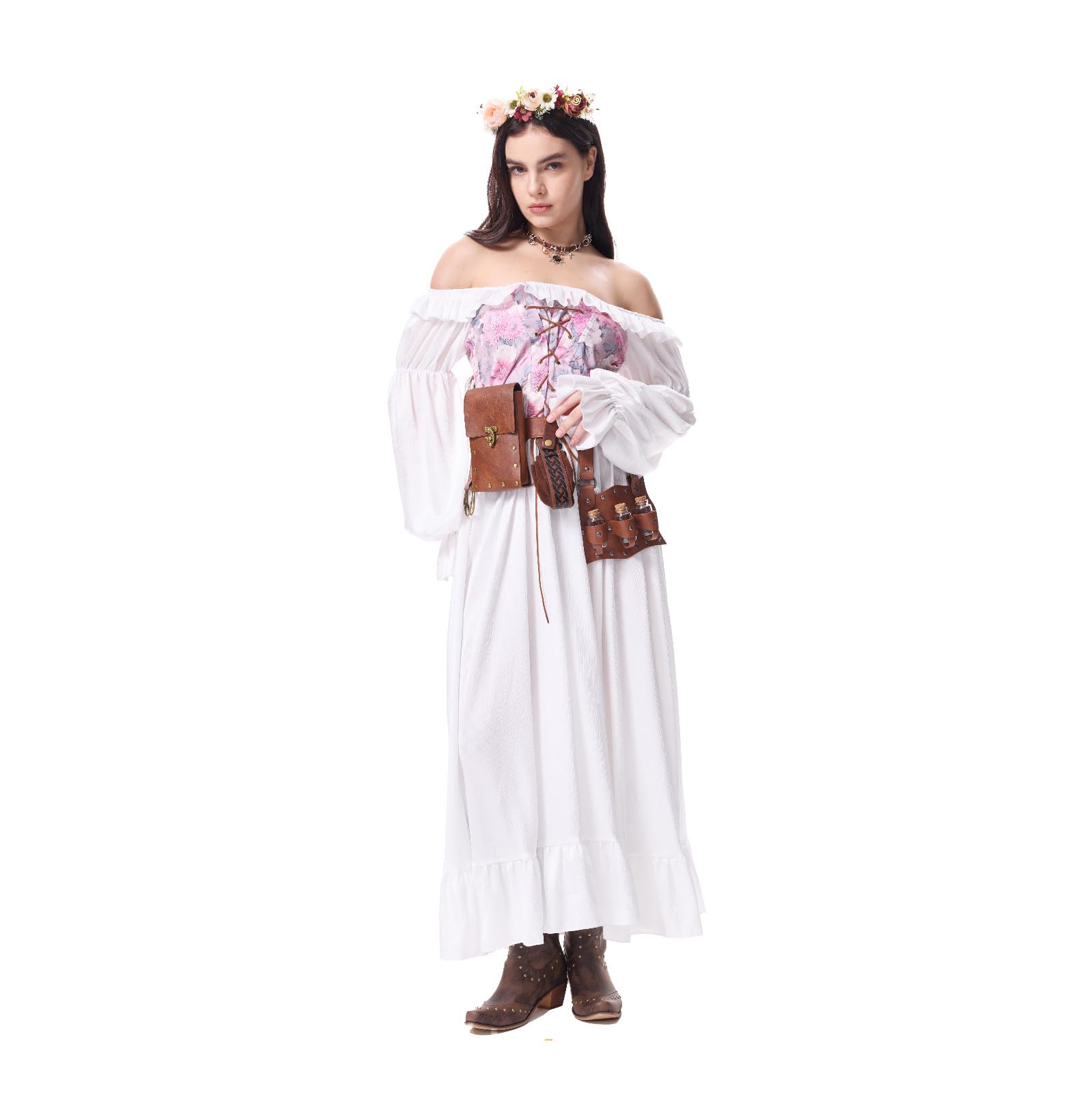 Ansenesna Halloween Kostüm Damen Piratenkostüm Damen Komplett Set | Mittelalter Kleidung Mieder Renaissance Gothic Kleid Vintage Korsett Kleid Elegant Langarm Schulterfrei Faschingskostüme