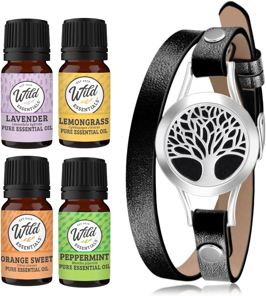 Wild Essentials Tree of Life Essential Oil Leather Wrap Bracelet Diffuser Kit, Gift Set, Lavender, Lemongrass, Peppermint, Orange Oils, 12 Pads, Customizable Color Changing Perfume Jewelry, Black