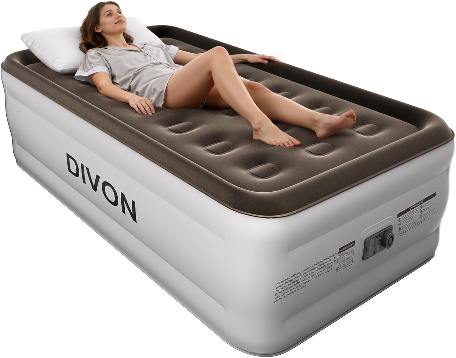 DIVON Twin Air Mattress with Built in Pump Raised, 2 Min Self Inflatable Mattress, 18’’ Blow up Mattress for Adults, 660 LBS Portable Air Bed for Guests, Camping, Travel & Floor, Brown