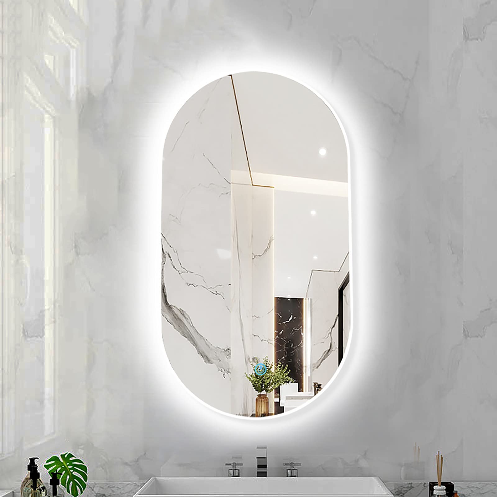 ZYLEDW Oval Illuminated Bathroom Mirror - Wall Mounted Vanity Mirror with Sensor Touch Control - Metal Frame Backlit Makeup Mirror - 3 LED Light Color Dimmable (Color : White Frame, Size : 50X80CM)