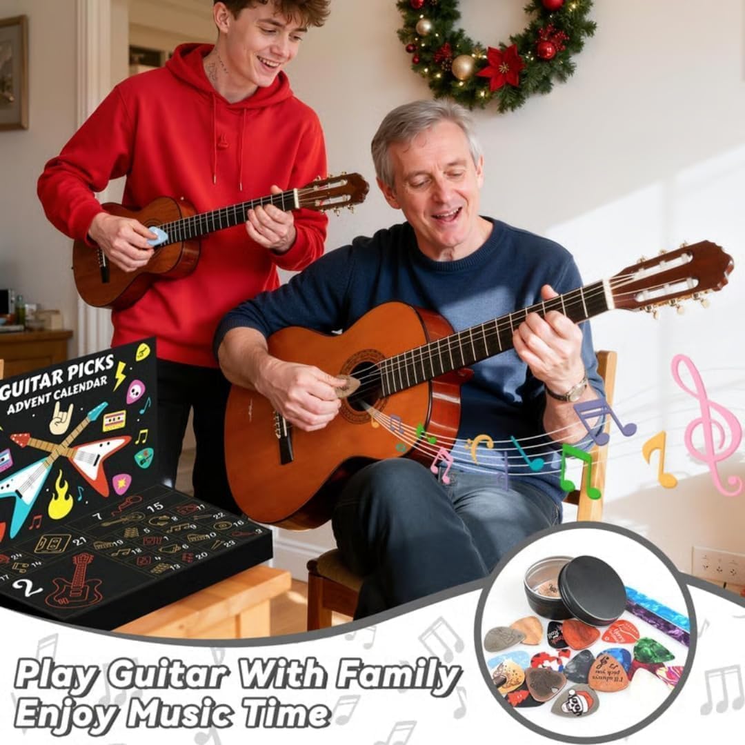 Calendario de Adviento 2025 con púas de madera y celuloide, juego de regalo de cuenta regresiva de Navidad para guitarristas, adultos y adolescentes, incluye estuche de almacenamiento para