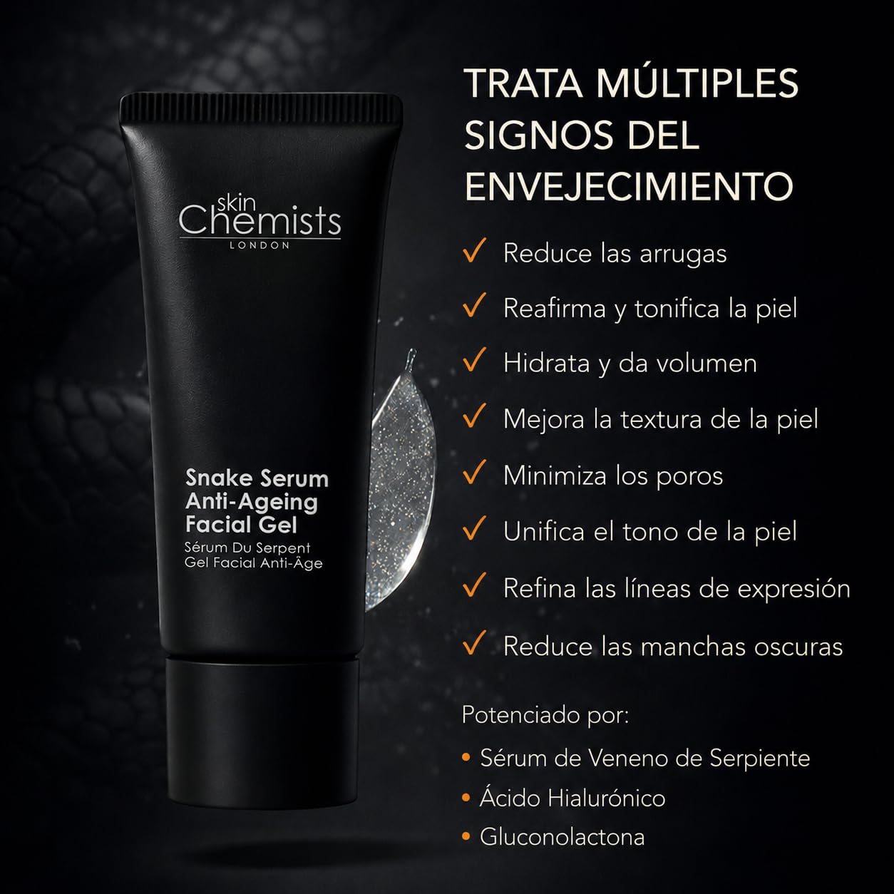 skinChemists Snake Serum Anti-Ageing Facial Gel 30 ml - Serum Facial Ácido Hialurónico y Péptidos - Serum Antiarrugas Facial Mujer y Hombre - Gel Antiedad Reafirmante e Hidratante