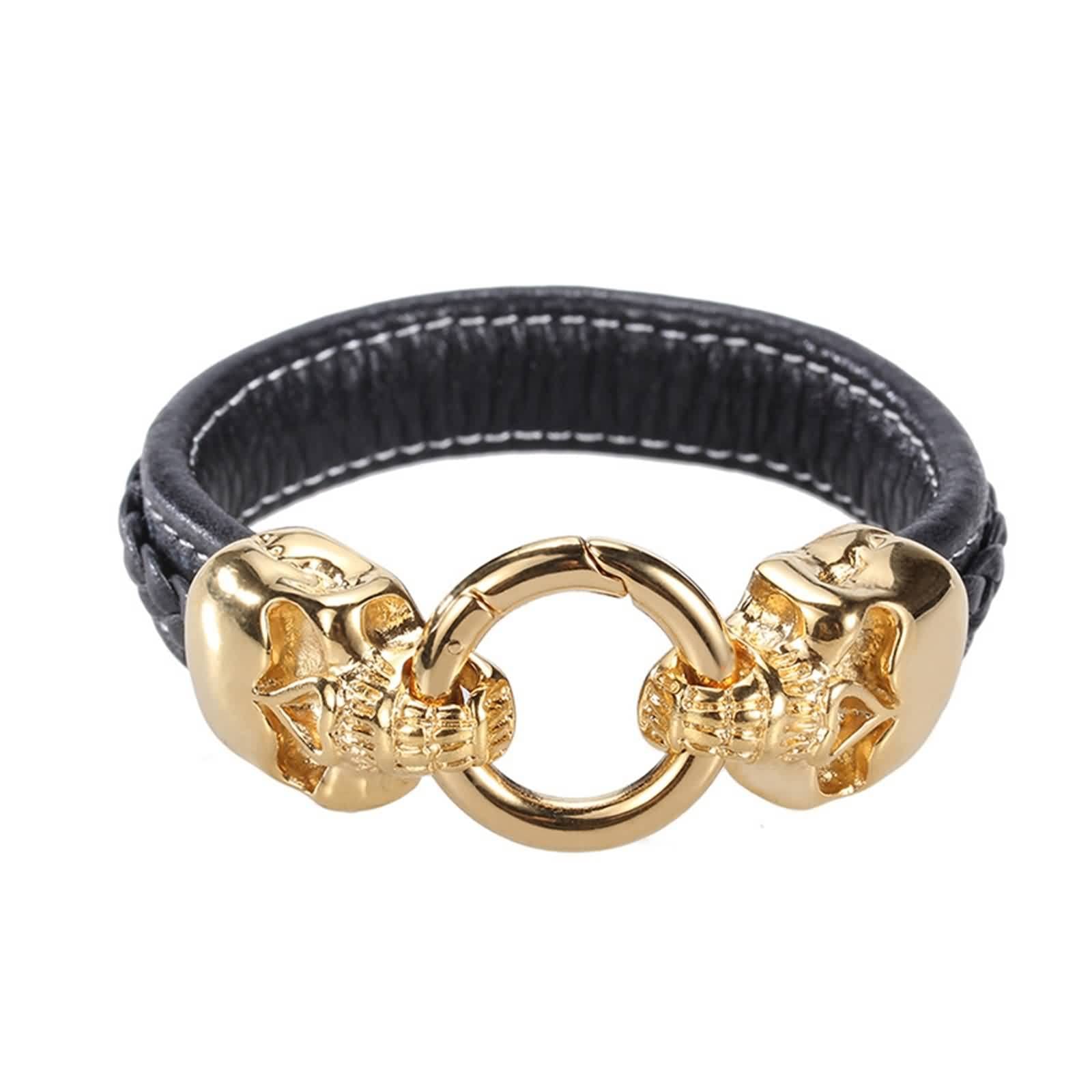Bracelet Homme, Bracelet Cuir Tete de Mort Homme Acier Inoxydable Gourmette Cool Mode Bijoux Cadeau