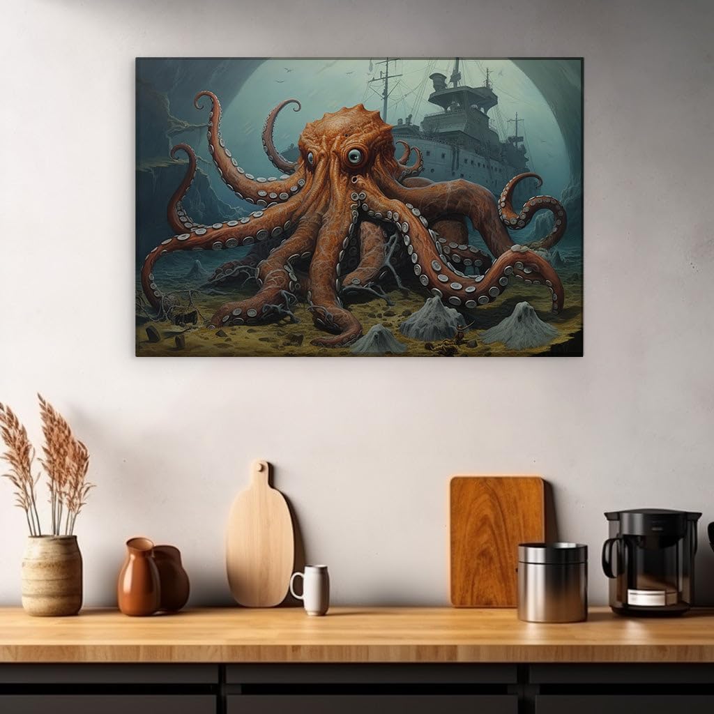 Canvas for Living room. Mysteries of the Deep: The Octopus Guardian and the Sunken Ship's Last Stand, 27 x 18 inch Canvas Wall Art - Ready to Hang - 69x46 cm (27x18 inch)