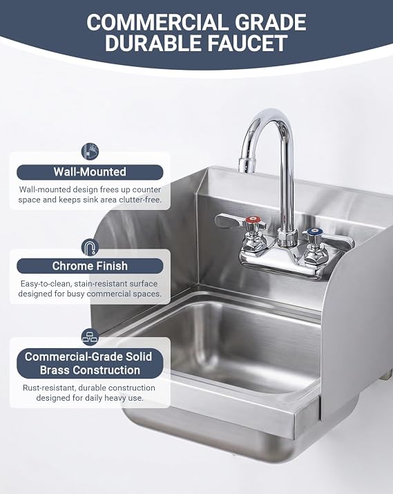 4 Center Wall Mount Commercial Sink Faucet - 3-1/2 Gooseneck Spout