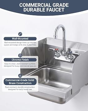 4 Center Wall Mount Commercial Sink Faucet - 3-1/2 Gooseneck Spout