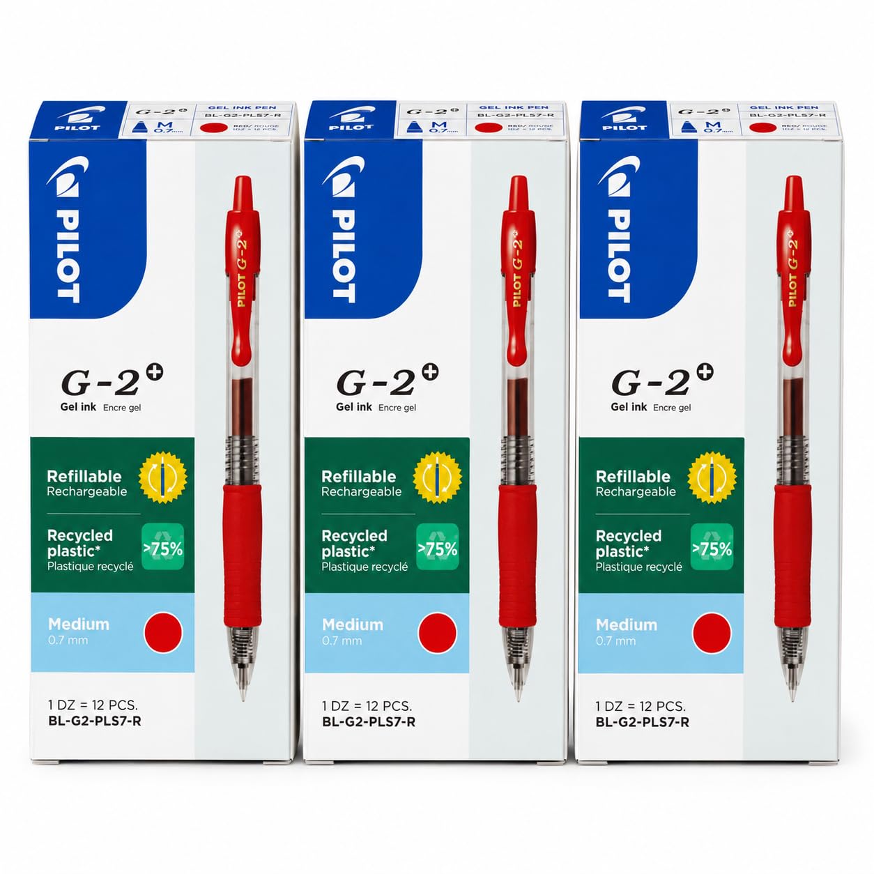 PILOT G-2+ Lot de 3 boîtes de 12 stylos à encre gel rechargeable Rouge 0,7 mm BL-G2-PLS7-R