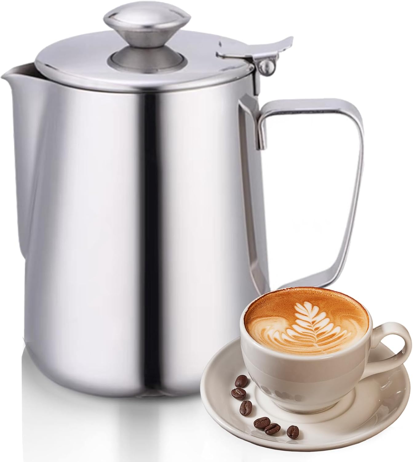Frothing Pitcher, Stainless Steel Coffee Cup Milk Frothing Pitcher Jug with Lid Latte Coffee Art for Office Kitchen (600ml)