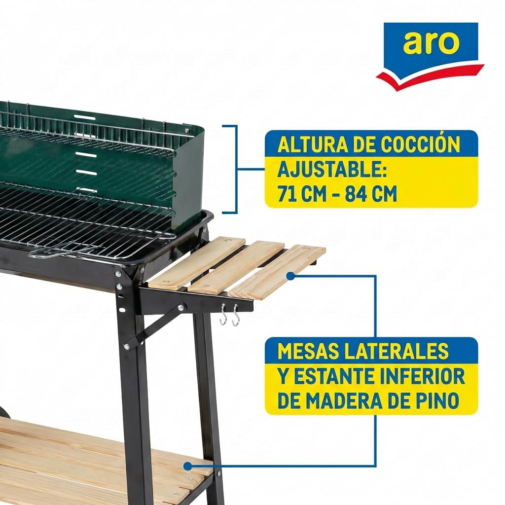 aro Barbacoa de Carbón con Ruedas, Acero/Madera, 2 rejillas, 2 mesas Auxiliares, Asas de Madera, Protector de Viento, Verde