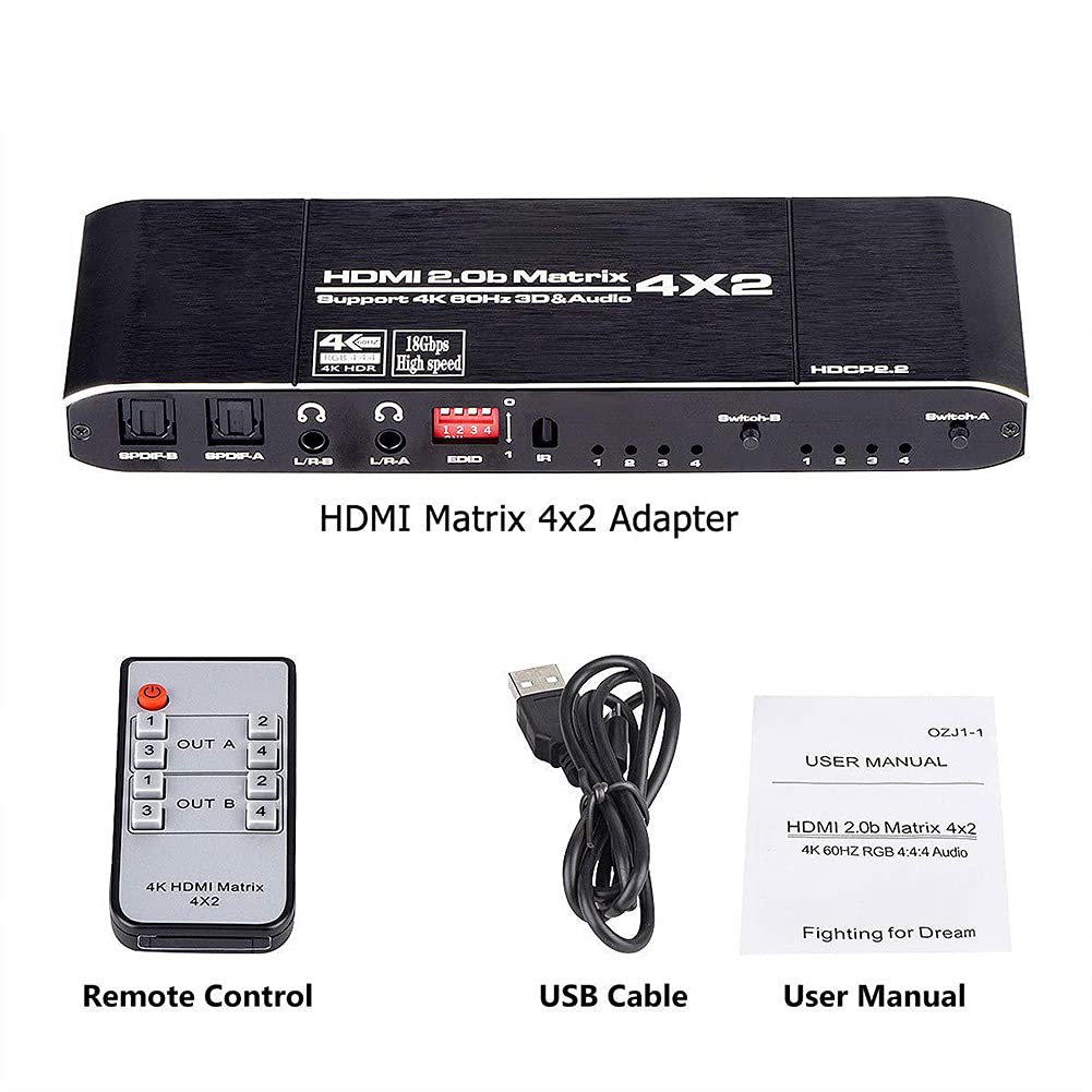 RSGK Matriz HDMI2.0 De 4 Entradas Y 2 Salidas, con Óptica Toslink SPDIF + Coaxial + Salida De Audio De 3,5 Mm, Separación De Audio De 4K60hz + ARC HDCP2.2 EDID