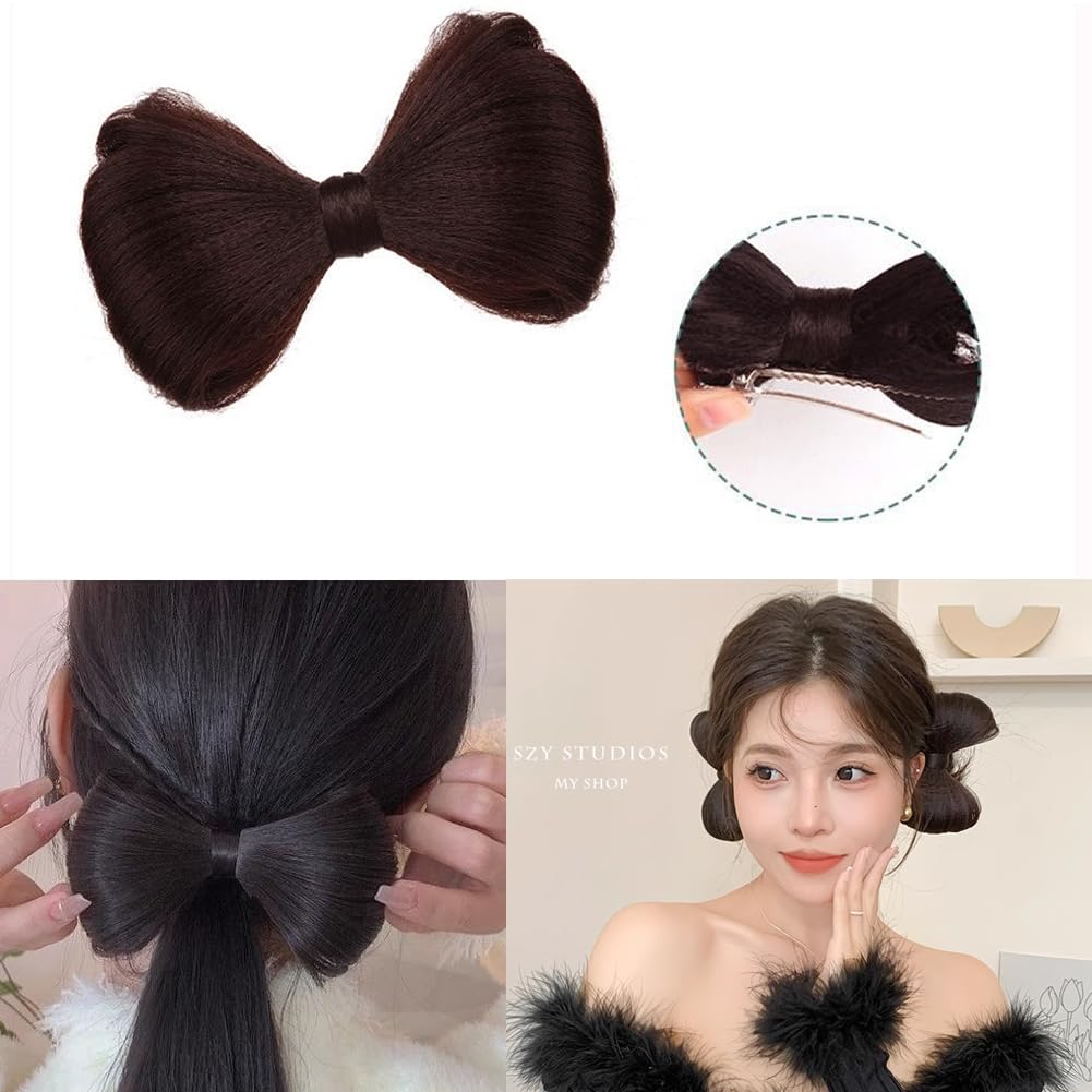 2PCS Bowknot Wig Clips with Fake Hair Buns Hair Extensions Clips for Women Girls (Dark Brown), SN, 1 count (Pack of 2) - Image 3