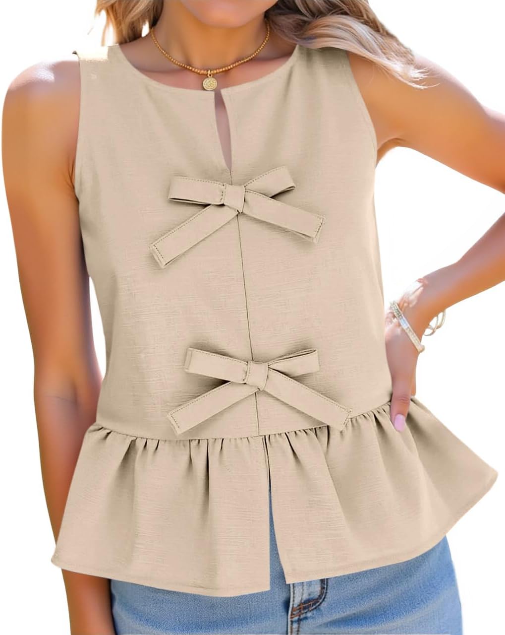 Tankaneo Womens Bow Peplum Tank Tops Summer Sleeveless Babydoll Cotton Blouses Loose Fit Flowy Casual Shirts