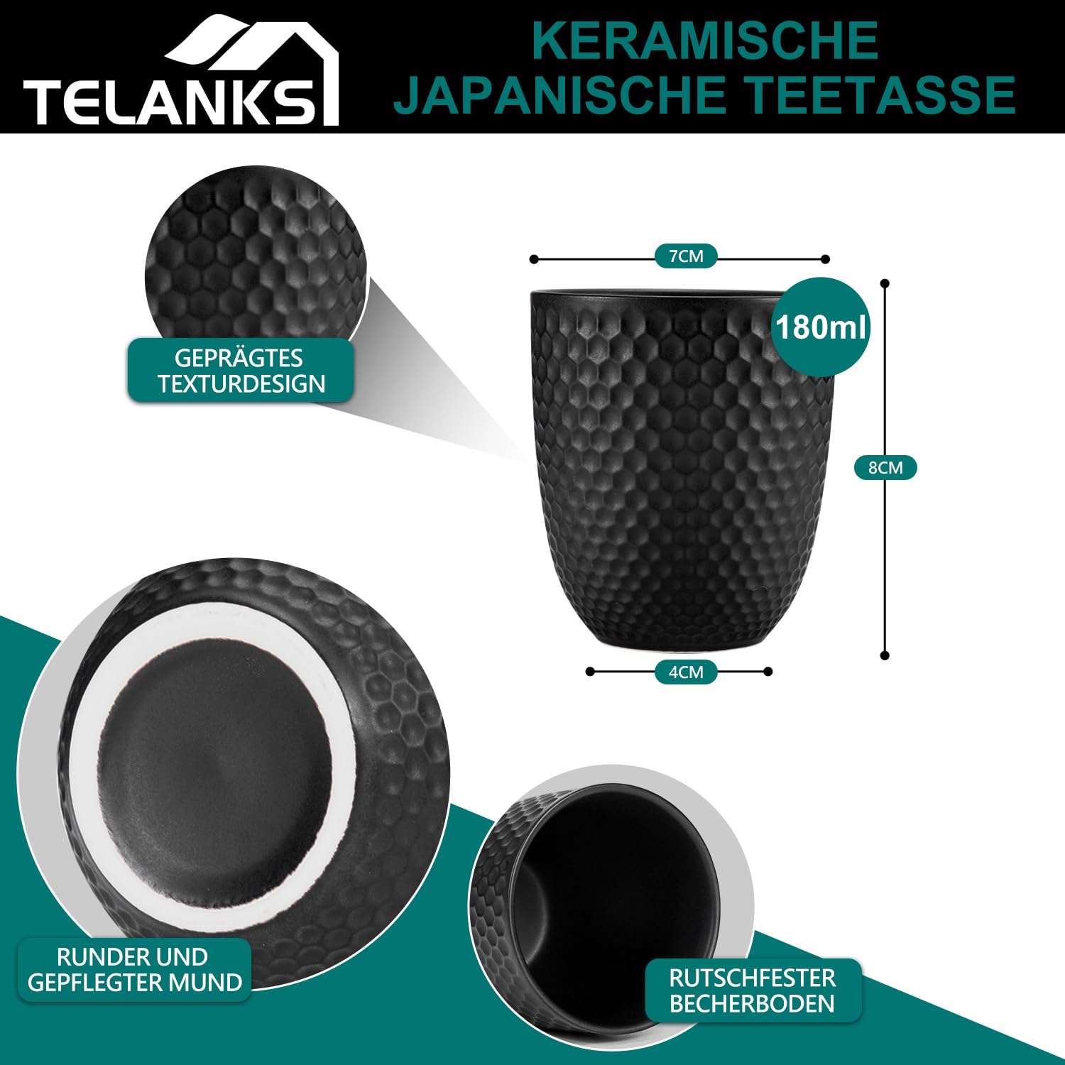 Japanische Teetasse Keramik, Tee Tassen Schwarz, Chinesische Teetassen Set Buddhistische Herz Sutra Muster Keramik Tasse ohne Henkel (180ml*4)