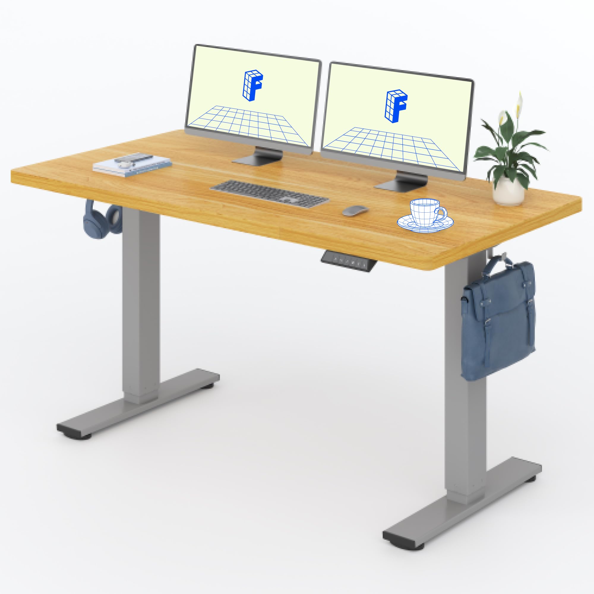 FLEXISPOT Höhenverstellbarer Schreibtisch 140×80cm, mit Haken und 25mm EINTEILIGER Tischplatte, ergonomischer Schreibtisch mit LED-Höhenanzeige und Memory-Funktion (Ahorn,Grau)