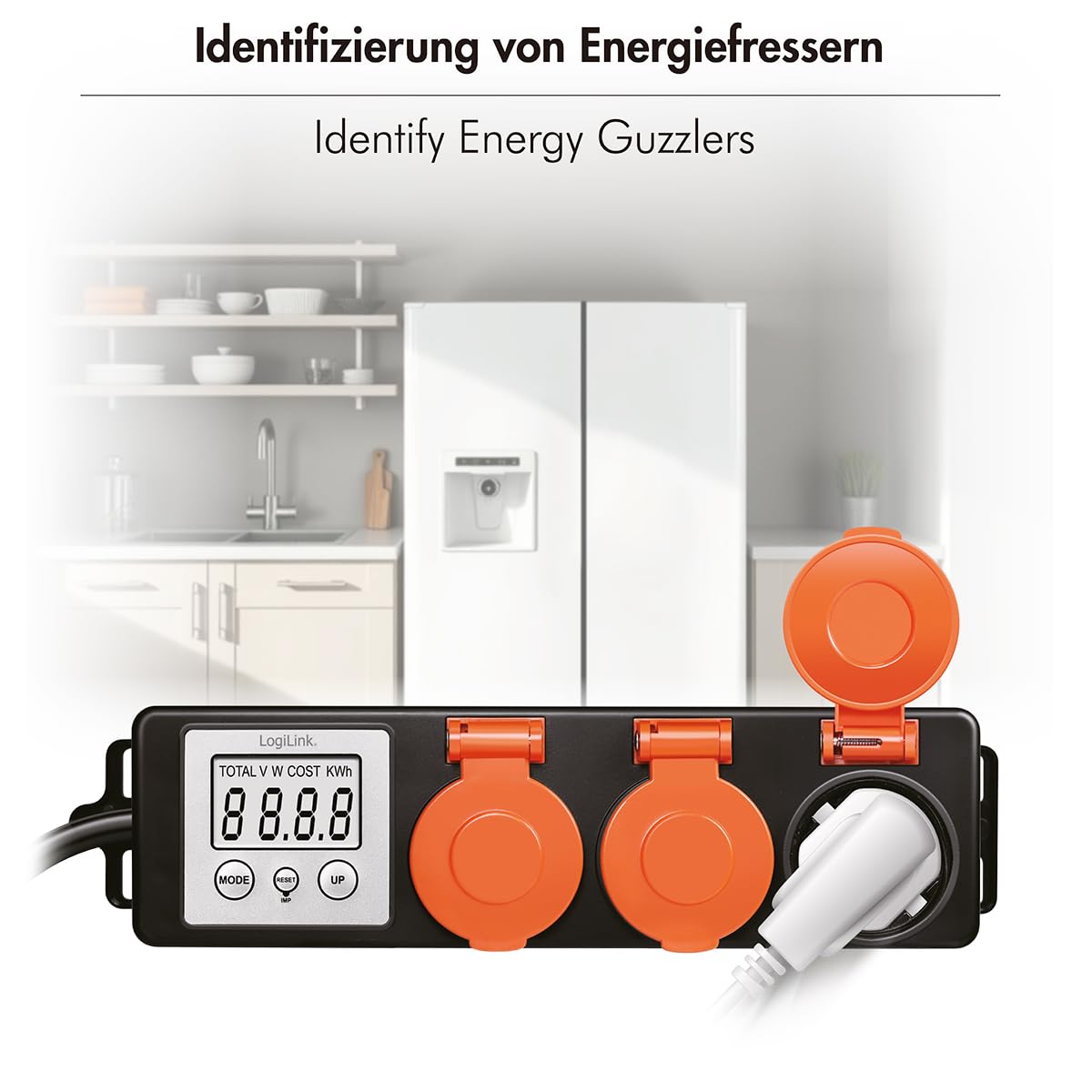 LogiLink EM0008 – listwa zasilająca z 3 gniazdami zewnętrznymi, z miernikiem kosztów energii, LCD 2,0" i klapkami ochronnymi