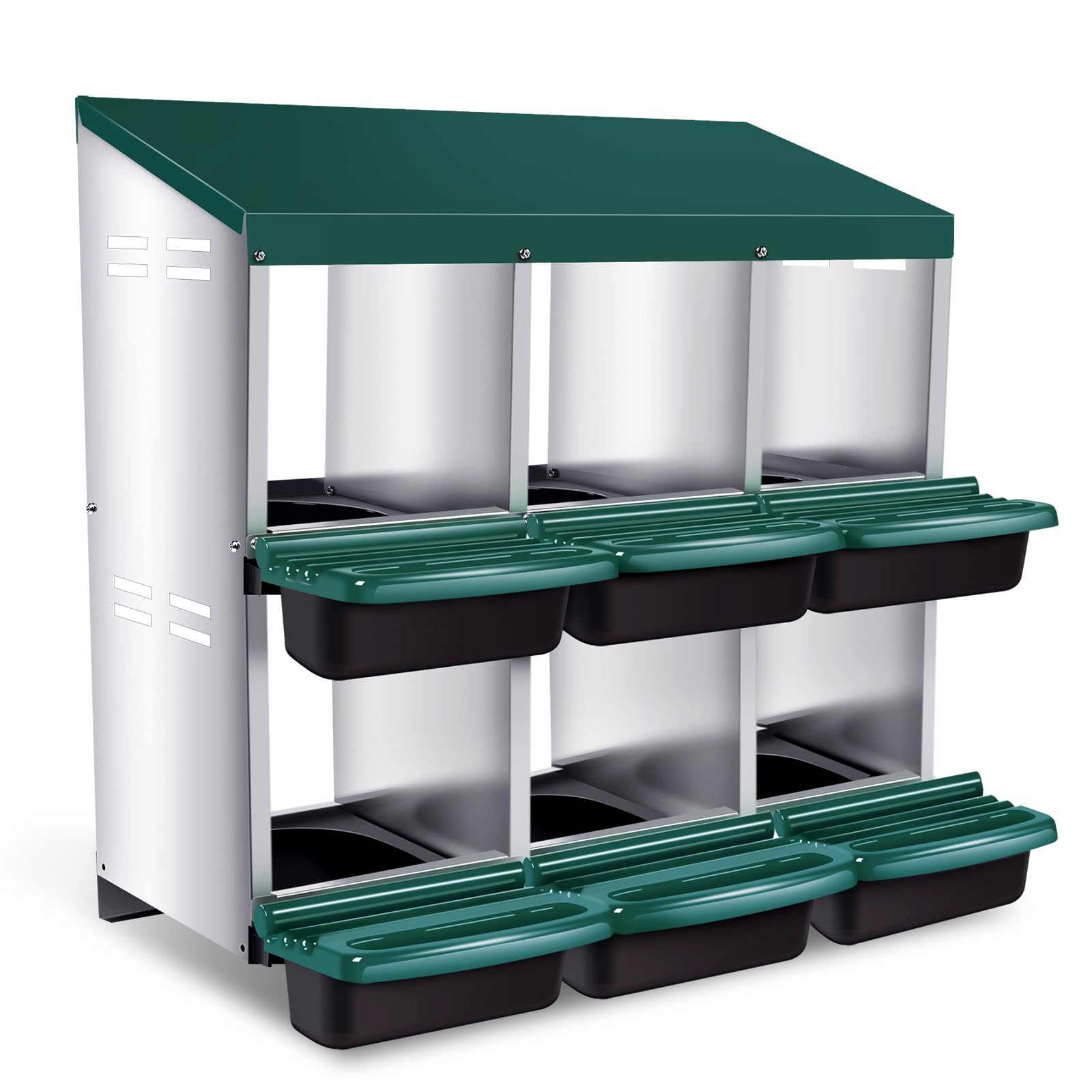 Chicken Nesting Box, 6 Compartments Metal Chicken Laying Box with Roll Away Egg Collection and Perch, Rust Proofed Wall Mount Poultry Nesting Box for Hens (Green)