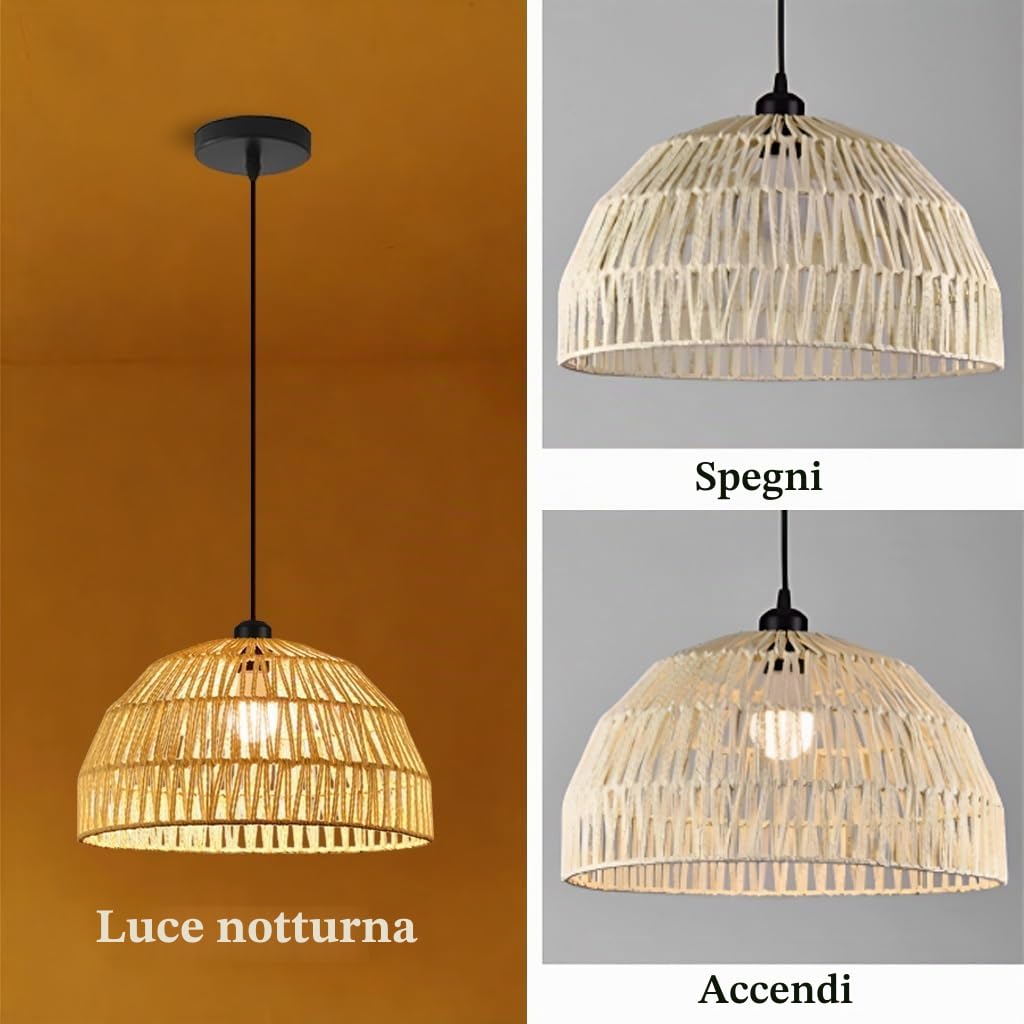 Lampadario E27 Bohemian Lampada A Sospensione In Vimini Intreccio Artigianale Lamp Vintage In Stile Rustico Adatta Per Illuminazione Camera Da Letto Sala Da Pranzo Isola Cucina Soggiorno(30CM)