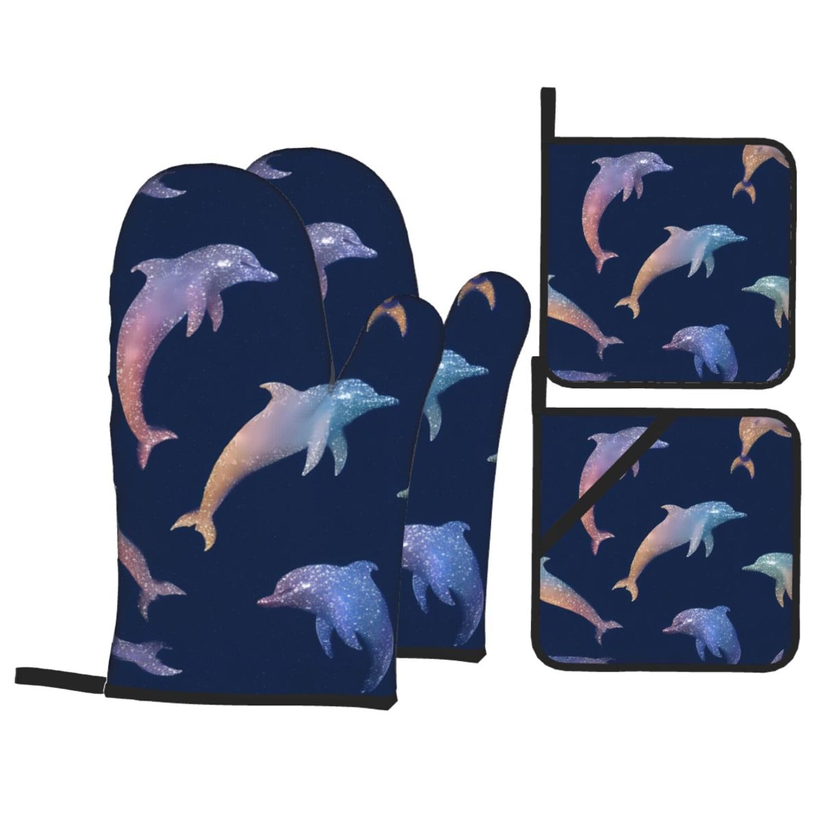 HJFCZH Glitter Dolphin Picture Kitchen Baking Set of 4 Thick Insulated Oven Mitt & Pot Holders, Anti-Scalding for Microwave, Oven, Outdoor BBQ