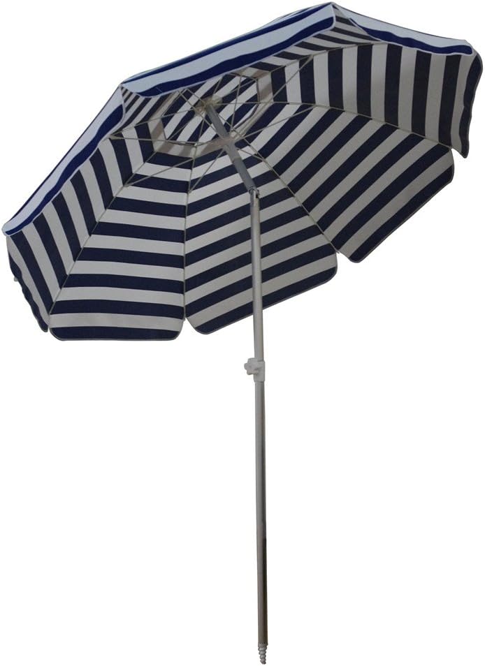 Aluminum Beach Umbrella, 6.5’ with Sand Anchor and Air Vent—Blue Striped