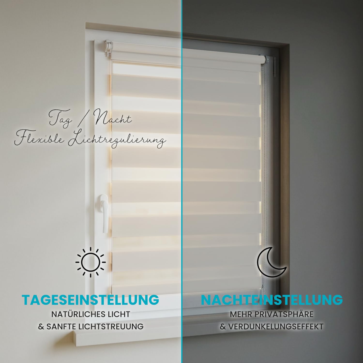 Estika Verdunkelungs Doppelrollo Klemmfix ohne Bohren - 50 cm x 120 cm - Reinbeige - Tag und Nacht Duo-Rollo, Rollos für Fenster, Fenster Sichtschutz, Doppelrollo für Innenräume