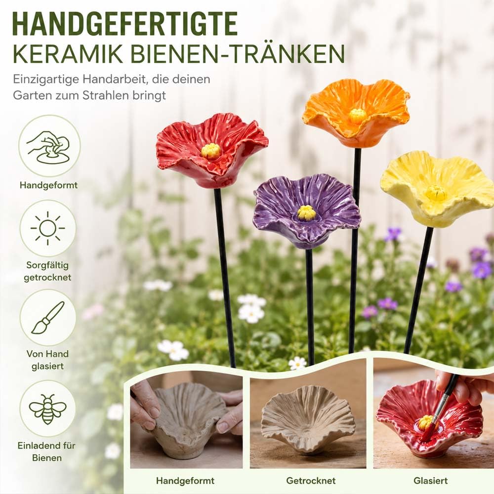 Generisch Bienentränke Keramik,Handgemachte BienenblüTen Wetterfeste Keramik-TräNken, 4er-Set,4 KeramikblüTen FüR Bienen, FüR Garten, Hof, Terrasse (4PC)