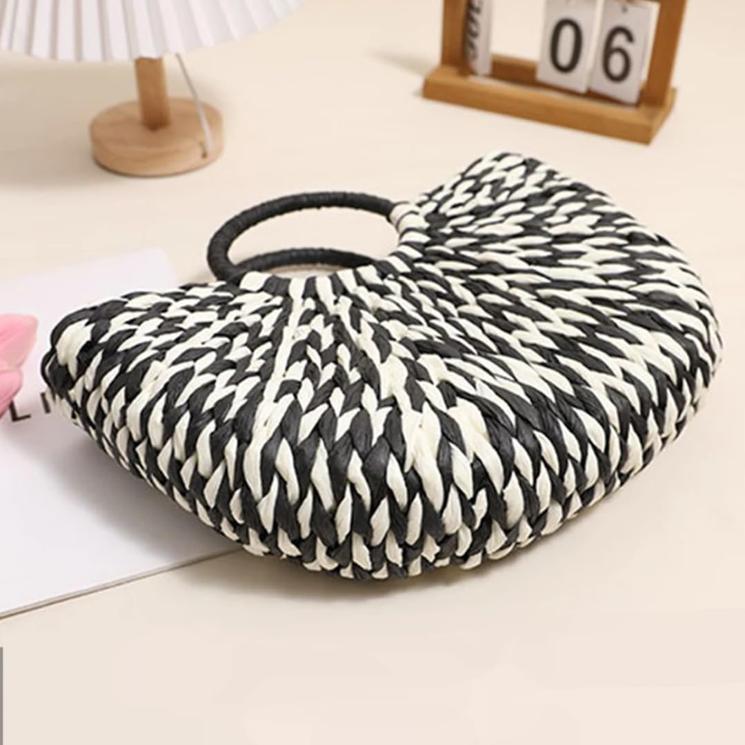 Damen Stroh-Tote Handtasche große Kapazität Halbrunde Handtasche Farbe Clash Halbkreis Webtasche Summer Beach