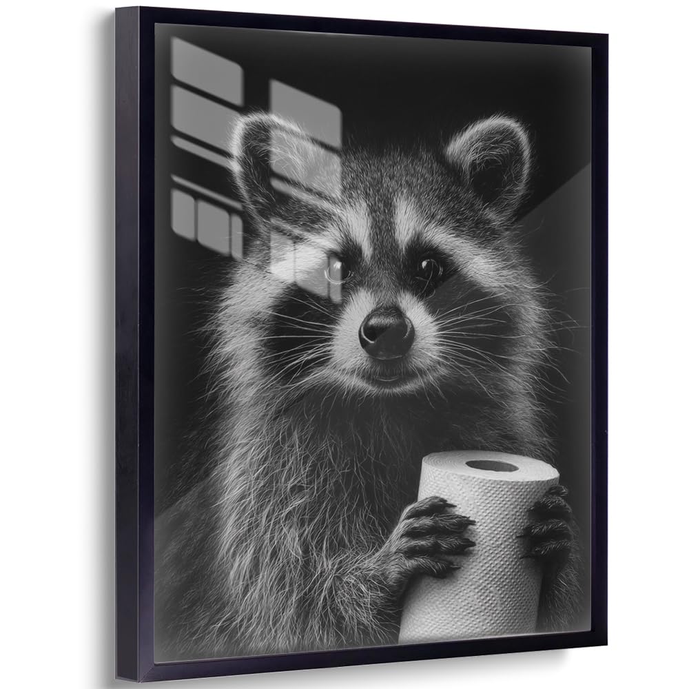 Funny Raccoon Bathroom Wall Art Black and White Toilet Paper Animal Print Rustic Farmhouse Washroom Decor for Kids and Guest Toilet 20x25cm Aluminum Framed